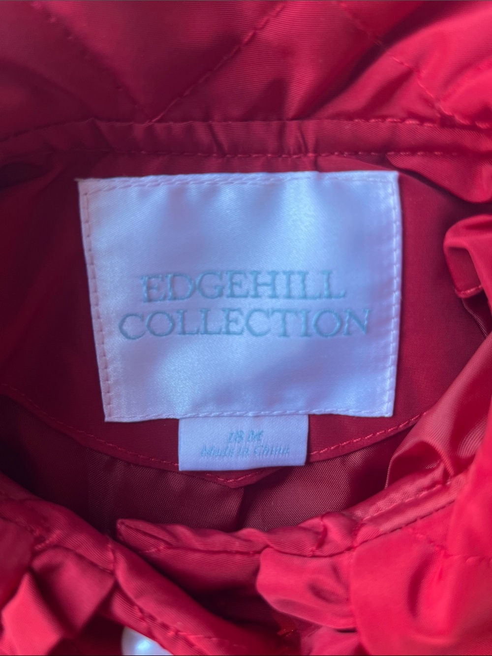 Edgehill Collection Red Quilted Jacket with Ruffle Collar and Pearl Buttons - Picture 2 of 12